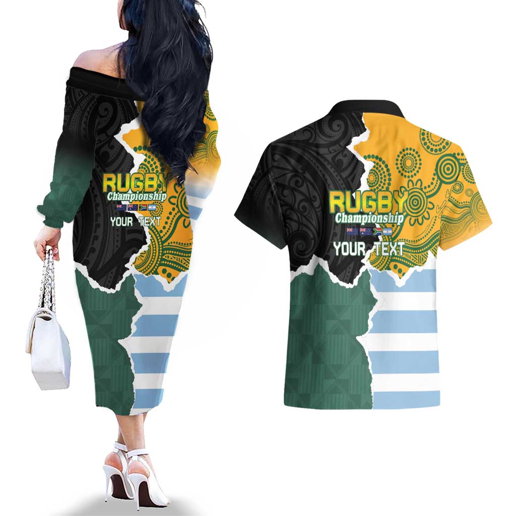 Personalised Rugby 2025 Championship Couples Matching Off The Shoulder Long Sleeve Dress and Hawaiian Shirt Southern Hemisphere Countries Mascots LT14 - Polynesian Pride