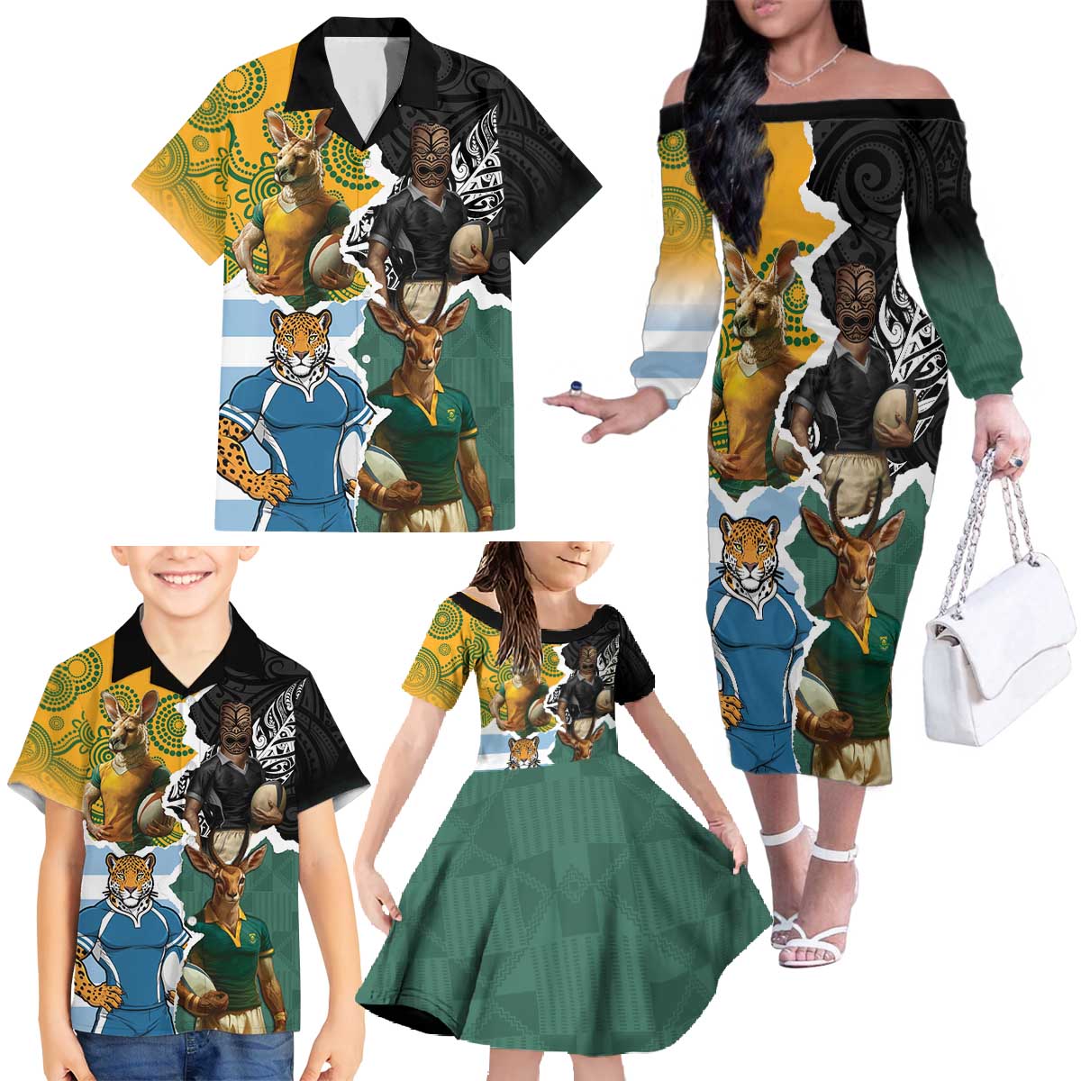 Personalised Rugby 2025 Championship Family Matching Off The Shoulder Long Sleeve Dress and Hawaiian Shirt Southern Hemisphere Countries Mascots LT14 - Polynesian Pride