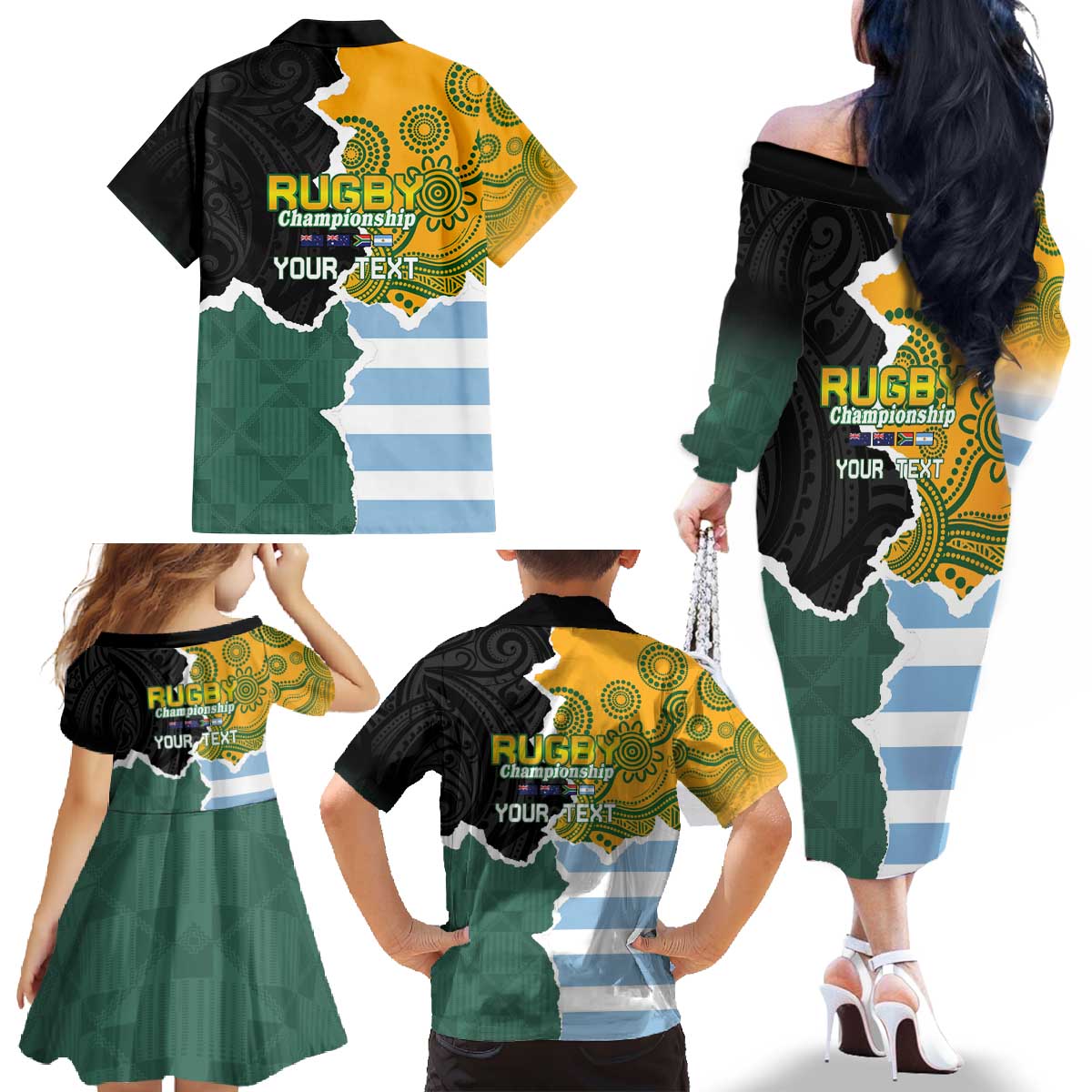 Personalised Rugby 2025 Championship Family Matching Off The Shoulder Long Sleeve Dress and Hawaiian Shirt Southern Hemisphere Countries Mascots LT14 - Polynesian Pride