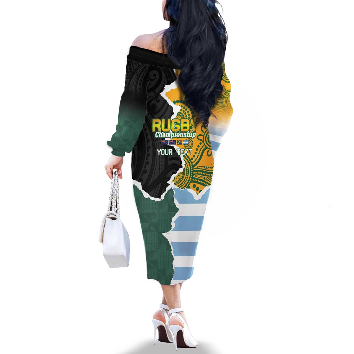 Personalised Rugby 2025 Championship Family Matching Off The Shoulder Long Sleeve Dress and Hawaiian Shirt Southern Hemisphere Countries Mascots LT14 - Polynesian Pride