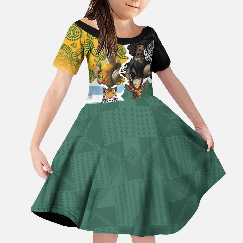 Personalised Rugby 2025 Championship Family Matching Off Shoulder Maxi Dress and Hawaiian Shirt Southern Hemisphere Countries Mascots LT14 Daughter's Dress Black - Polynesian Pride