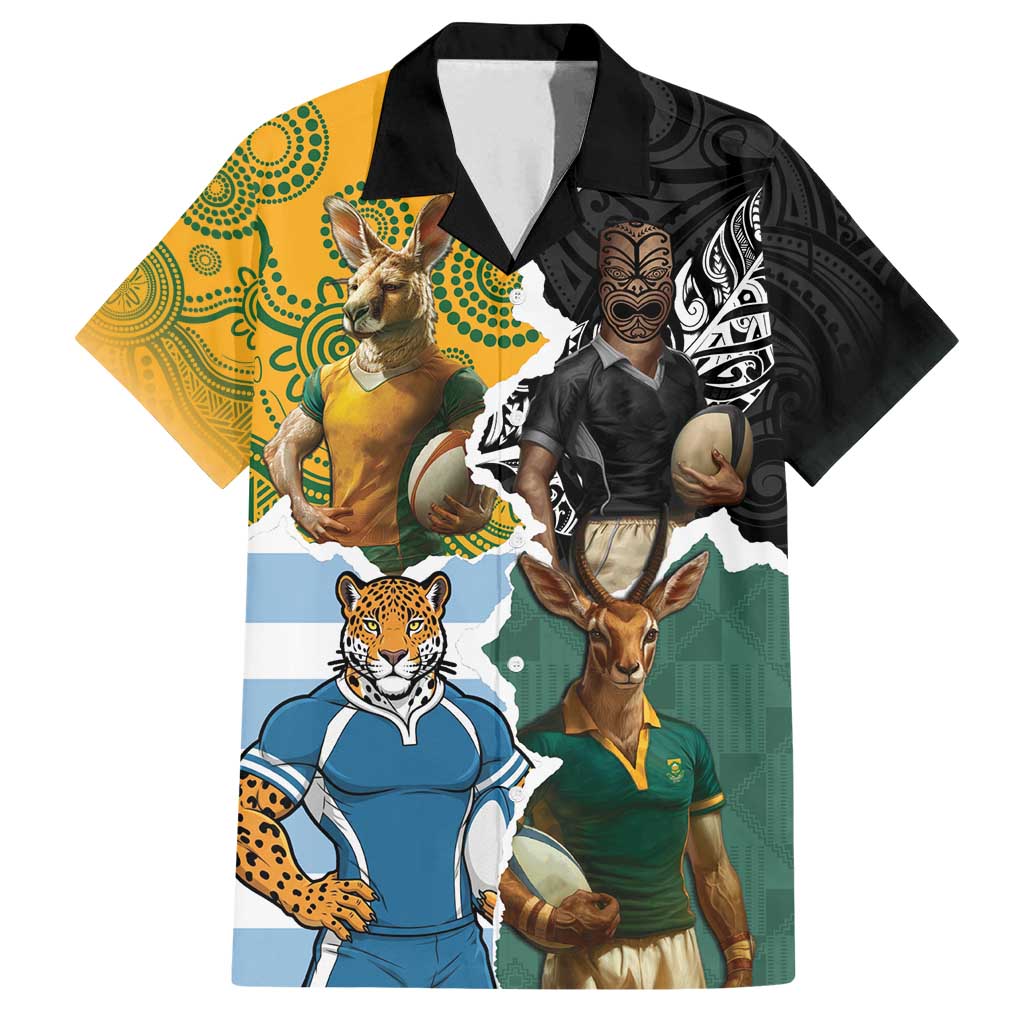 Personalised Rugby 2025 Championship Family Matching Off Shoulder Short Dress and Hawaiian Shirt Southern Hemisphere Countries Mascots LT14 Dad's Shirt - Short Sleeve Black - Polynesian Pride