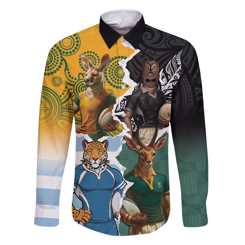 Personalised Rugby 2025 Championship Family Matching Tank Maxi Dress and Hawaiian Shirt Southern Hemisphere Countries Mascots LT14 Dad's Shirt - Long Sleeve Black - Polynesian Pride