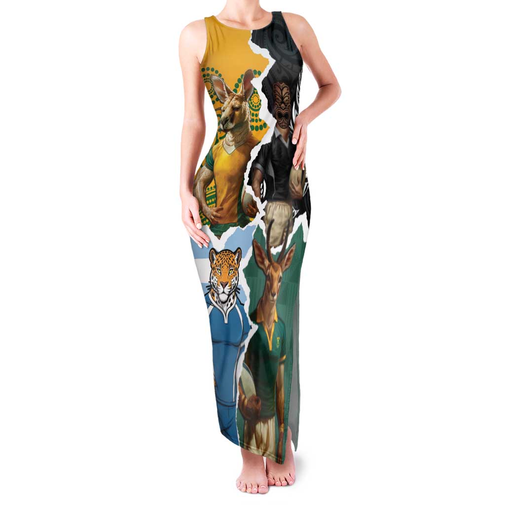 Personalised Rugby 2025 Championship Family Matching Tank Maxi Dress and Hawaiian Shirt Southern Hemisphere Countries Mascots LT14 Mom's Dress Black - Polynesian Pride