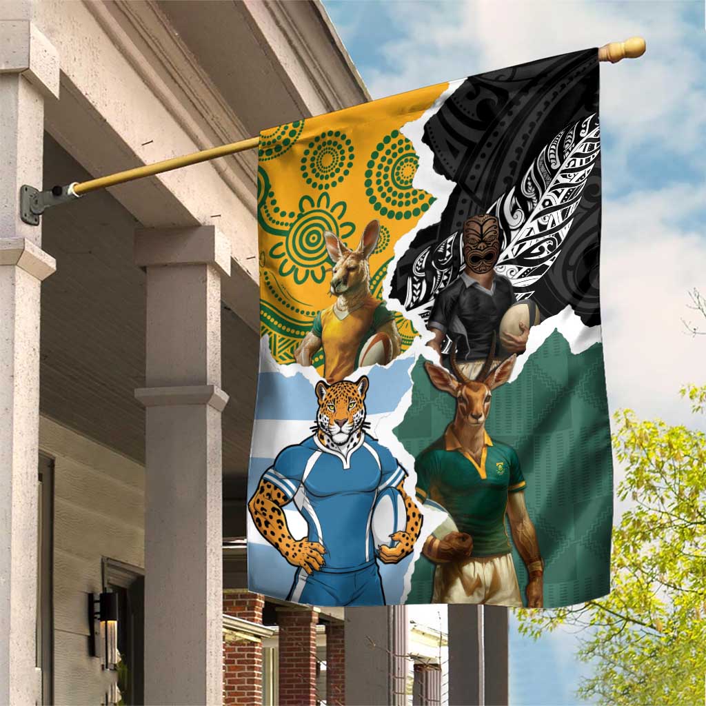Rugby 2025 Championship Garden Flag Southern Hemisphere Countries Mascots LT14 House Flag Black - Polynesian Pride