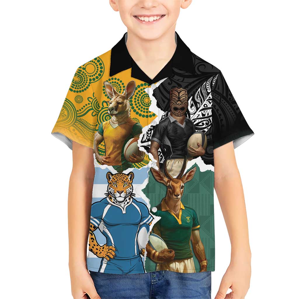 Personalised Rugby 2025 Championship Kid Hawaiian Shirt Southern Hemisphere Countries Mascots - Polynesian Pride