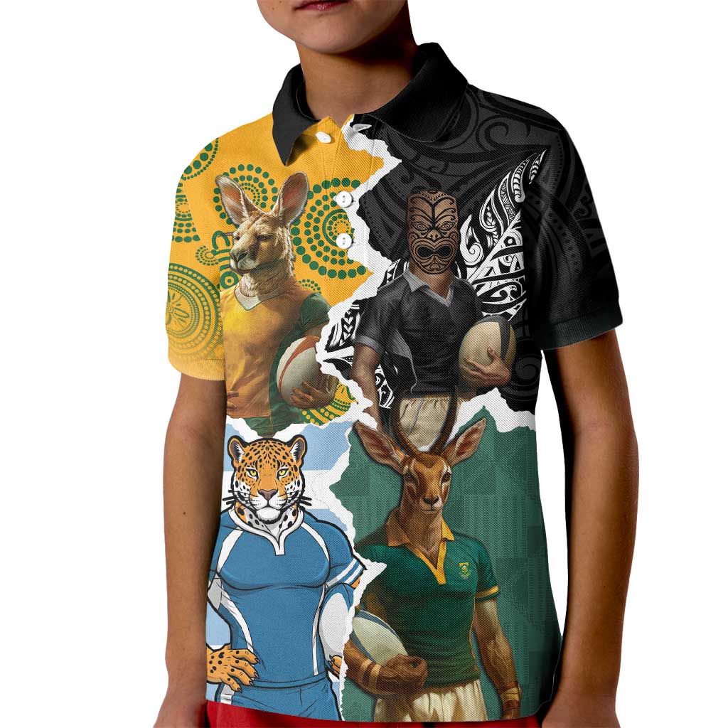 Personalised Rugby 2025 Championship Kid Polo Shirt Southern Hemisphere Countries Mascots - Polynesian Pride