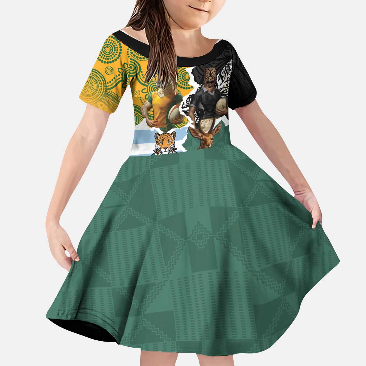 Personalised Rugby 2025 Championship Kid Short Sleeve Dress Southern Hemisphere Countries Mascots - Polynesian Pride