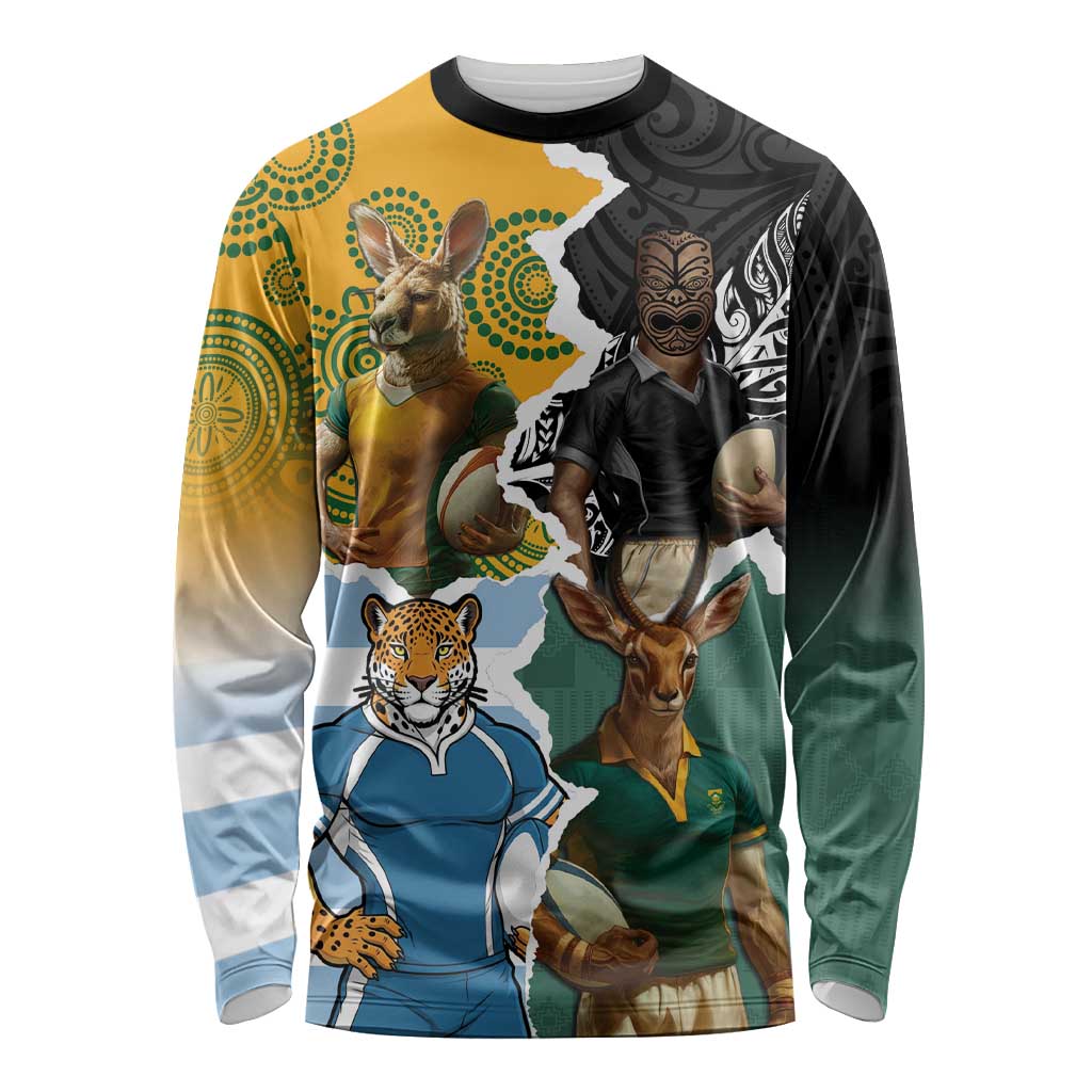 Personalised Rugby 2025 Championship Long Sleeve Shirt Southern Hemisphere Countries Mascots LT14 Unisex Black - Polynesian Pride