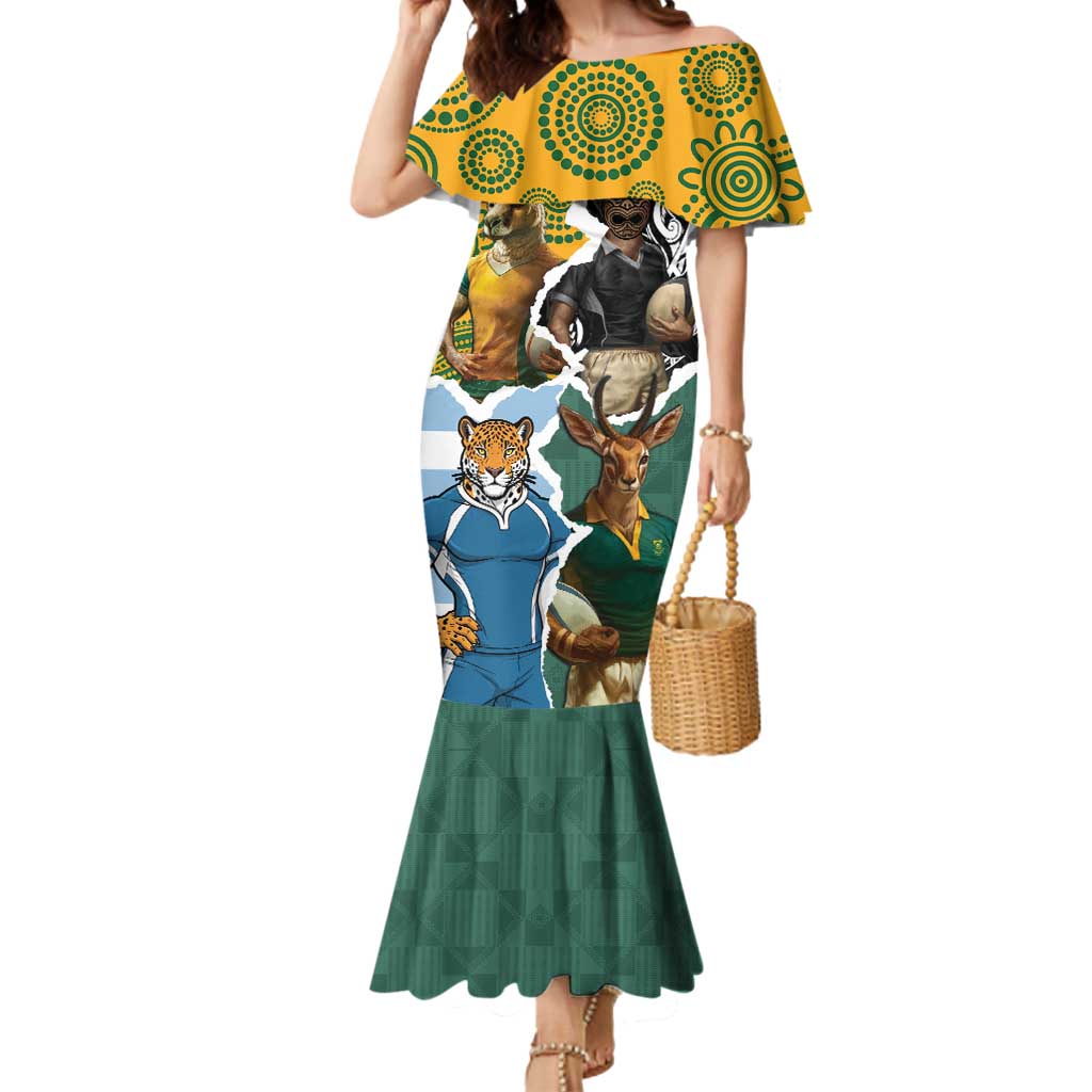 Personalised Rugby 2025 Championship Mermaid Dress Southern Hemisphere Countries Mascots LT14 Women Black - Polynesian Pride