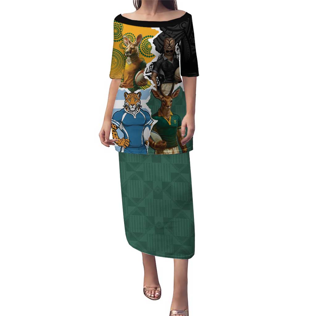 Personalised Rugby 2025 Championship Puletasi Southern Hemisphere Countries Mascots LT14 Long Dress Black - Polynesian Pride