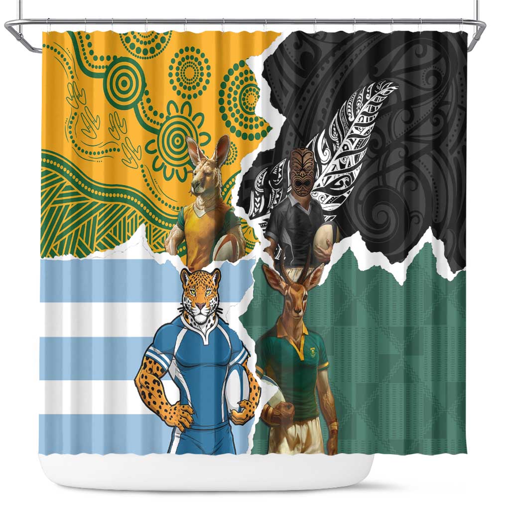 Rugby 2025 Championship Shower Curtain Southern Hemisphere Countries Mascots LT14 Black - Polynesian Pride