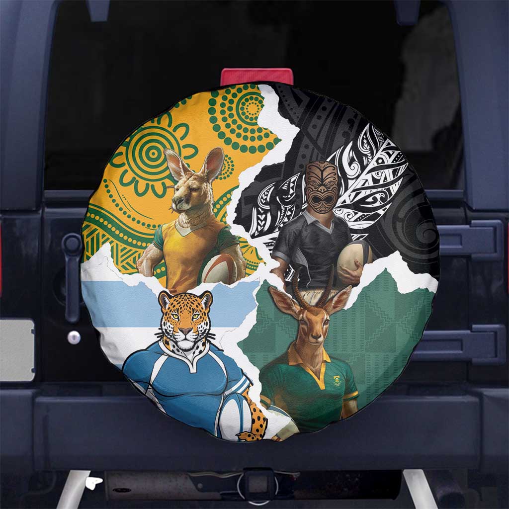 Rugby 2025 Championship Spare Tire Cover Southern Hemisphere Countries Mascots LT14 No hole Black - Polynesian Pride