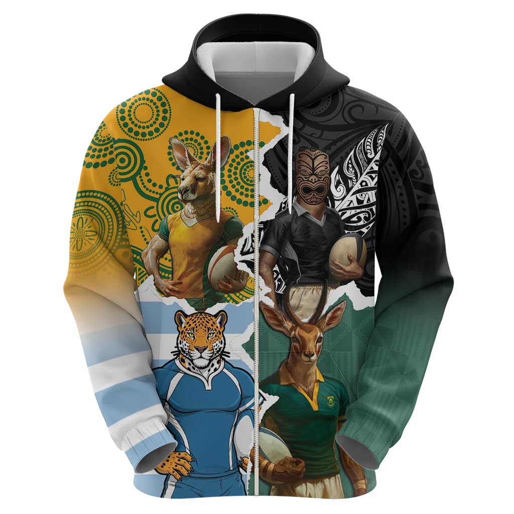 Personalised Rugby 2025 Championship Zip Hoodie Southern Hemisphere Countries Mascots - Polynesian Pride