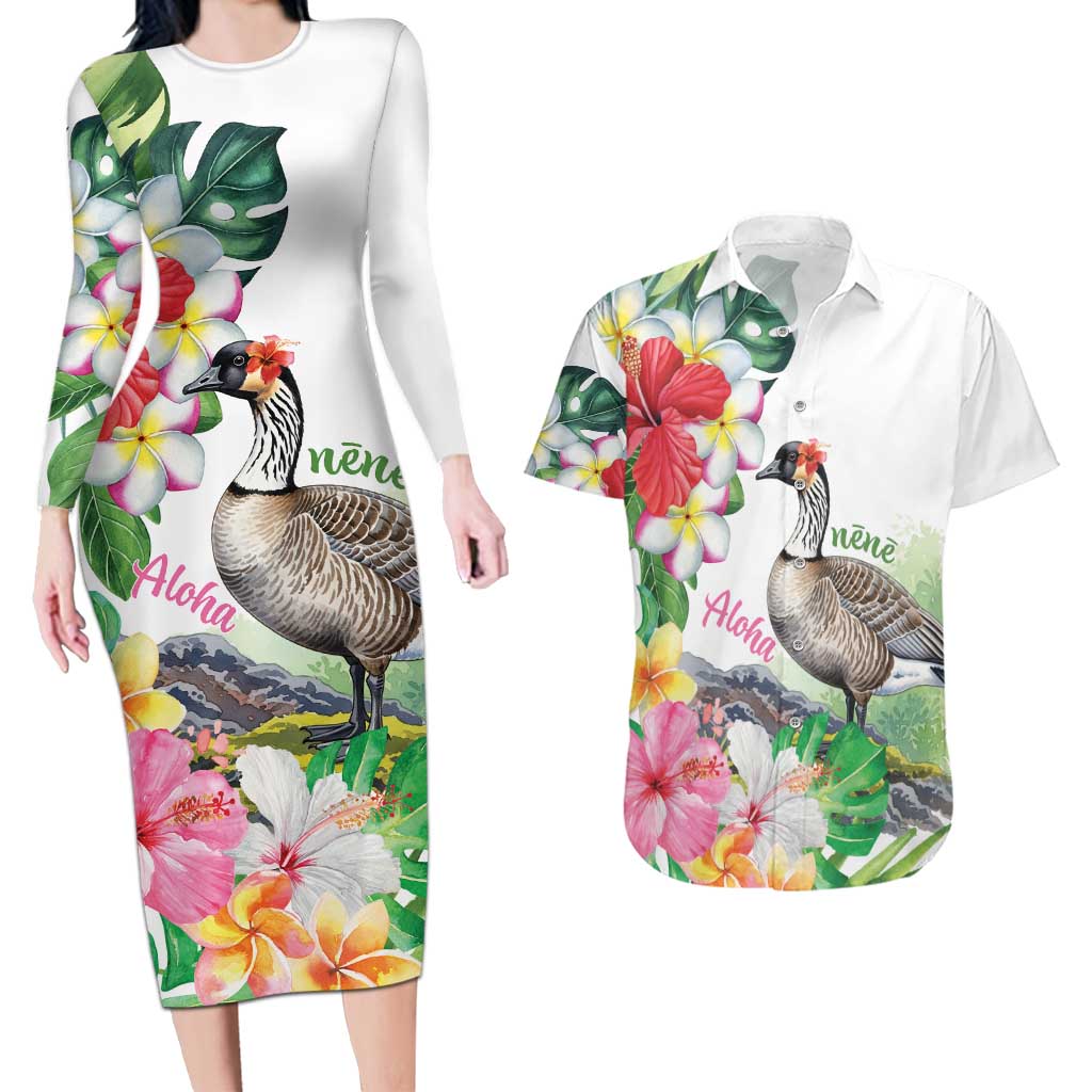 Aloha Hawaii Nene Goose Couples Matching Long Sleeve Bodycon Dress and Hawaiian Shirt Tropical Flowers Watercolor Stylized LT14 White - Polynesian Pride