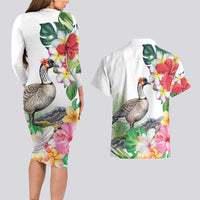 Aloha Hawaii Nene Goose Couples Matching Long Sleeve Bodycon Dress and Hawaiian Shirt Tropical Flowers Watercolor Stylized LT14 - Polynesian Pride