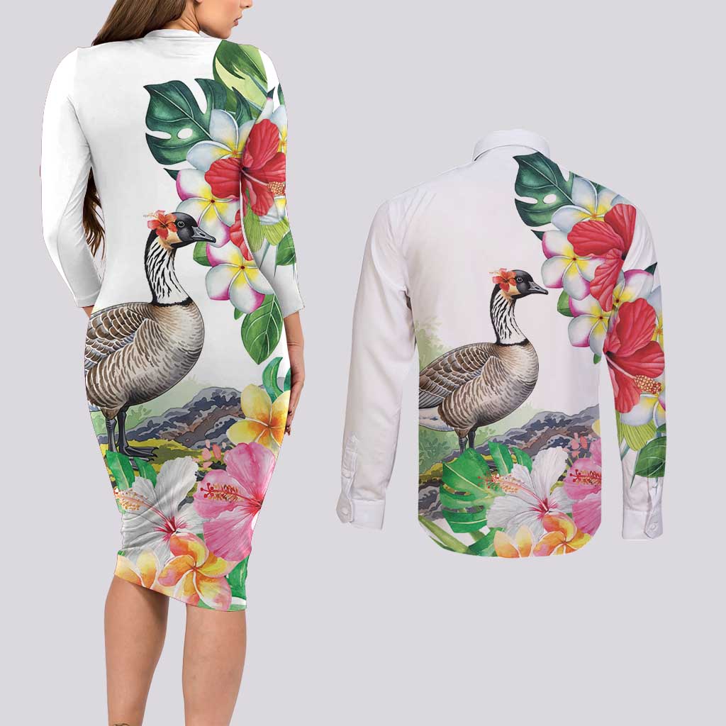 Aloha Hawaii Nene Goose Couples Matching Long Sleeve Bodycon Dress and Long Sleeve Button Shirt Tropical Flowers Watercolor Stylized - Polynesian Pride