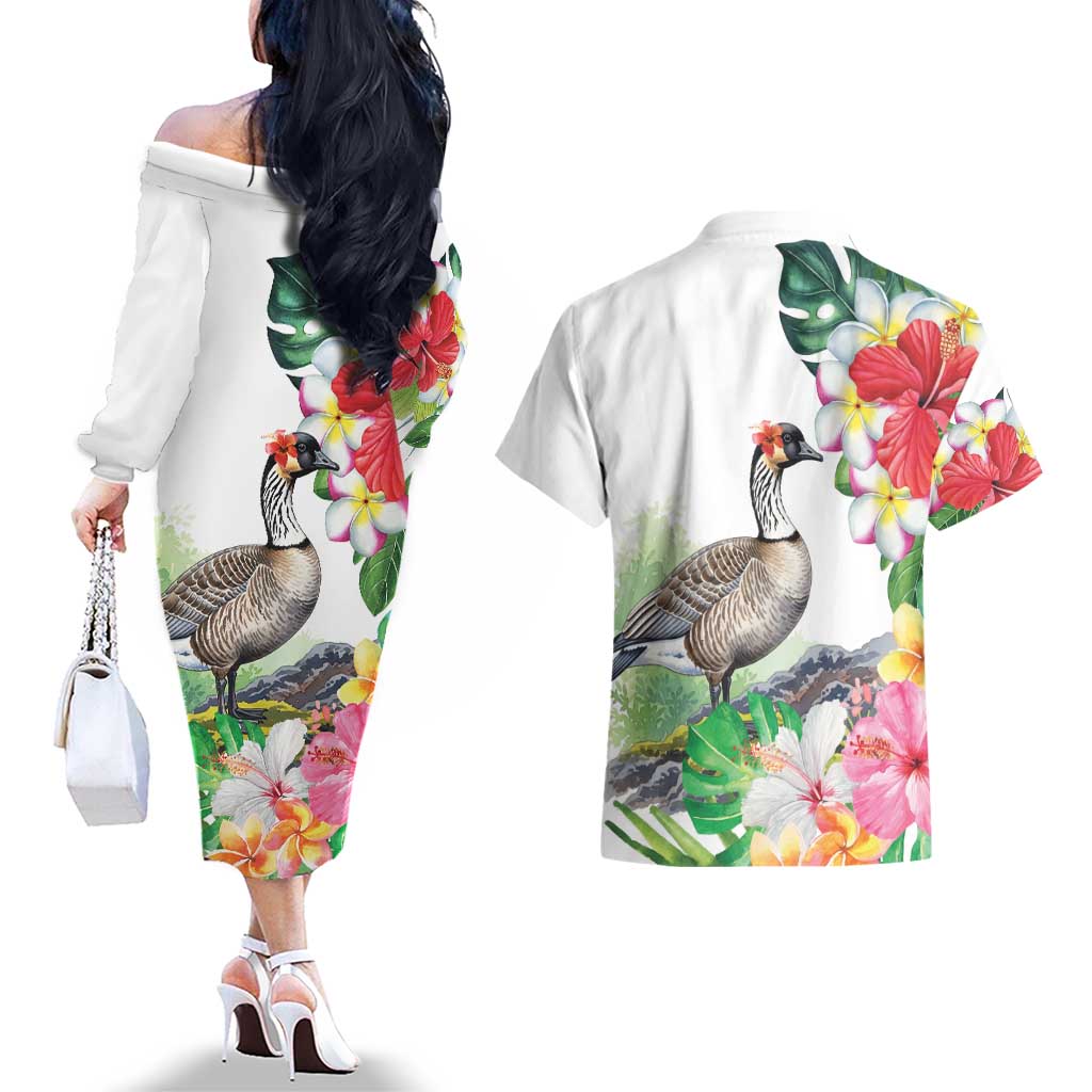 Aloha Hawaii Nene Goose Couples Matching Off The Shoulder Long Sleeve Dress and Hawaiian Shirt Tropical Flowers Watercolor Stylized LT14 - Polynesian Pride