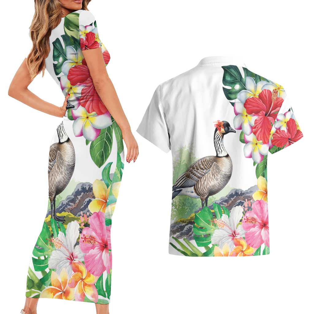 Aloha Hawaii Nene Goose Couples Matching Short Sleeve Bodycon Dress and Hawaiian Shirt Tropical Flowers Watercolor Stylized LT14 - Polynesian Pride