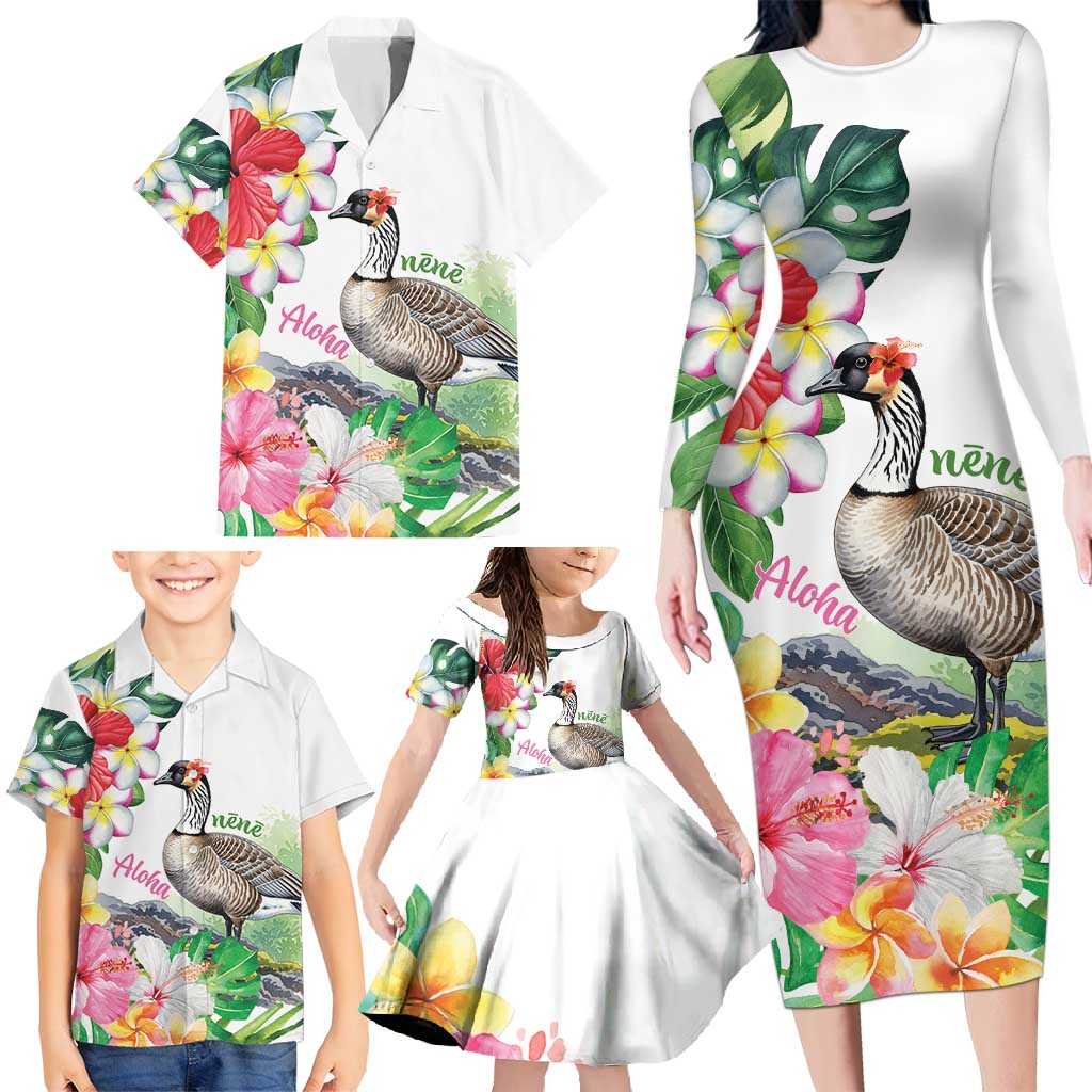 Aloha Hawaii Nene Goose Family Matching Long Sleeve Bodycon Dress and Hawaiian Shirt Tropical Flowers Watercolor Stylized LT14 - Polynesian Pride