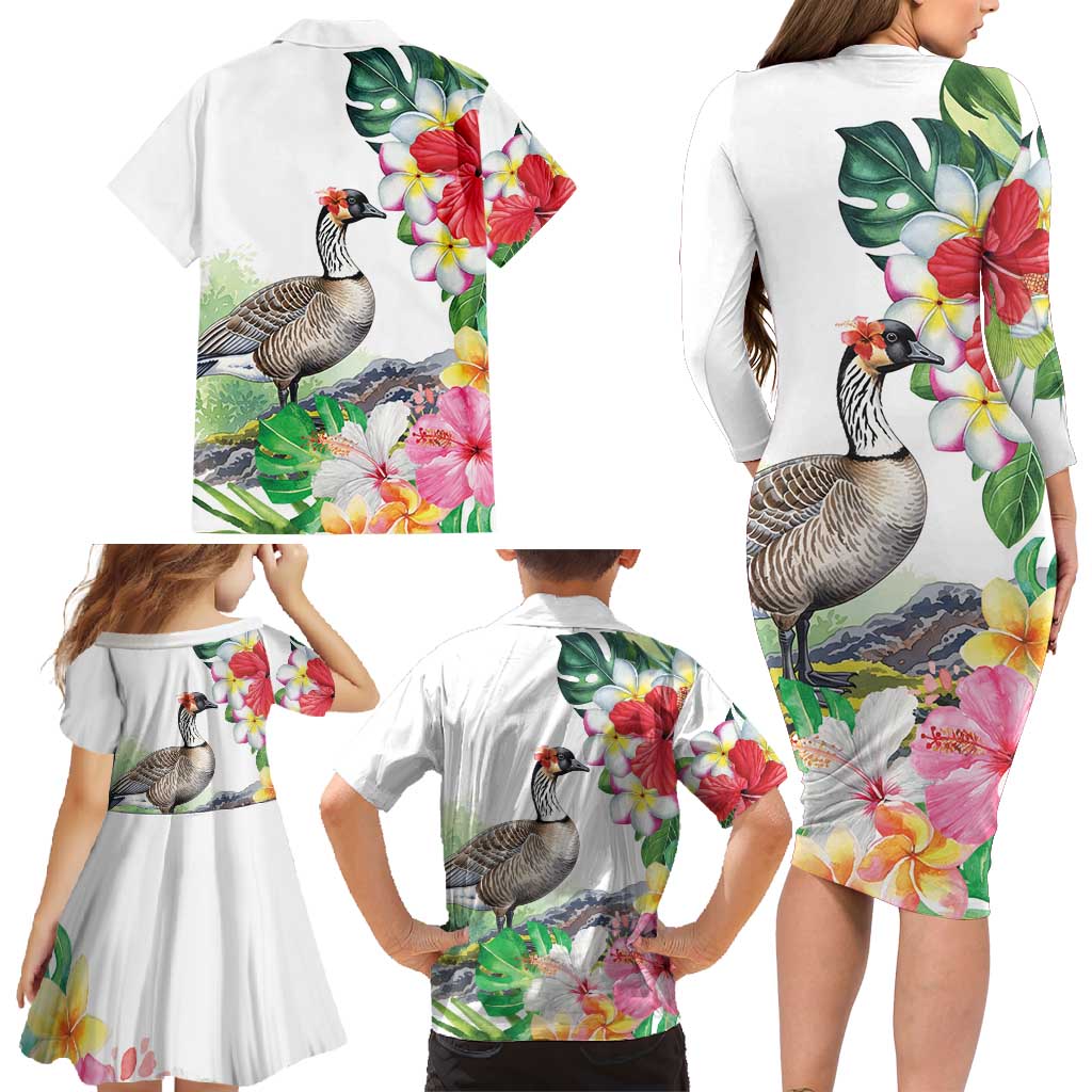 Aloha Hawaii Nene Goose Family Matching Long Sleeve Bodycon Dress and Hawaiian Shirt Tropical Flowers Watercolor Stylized LT14 - Polynesian Pride