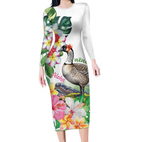 Aloha Hawaii Nene Goose Family Matching Long Sleeve Bodycon Dress and Hawaiian Shirt Tropical Flowers Watercolor Stylized LT14 Mom's Dress White - Polynesian Pride