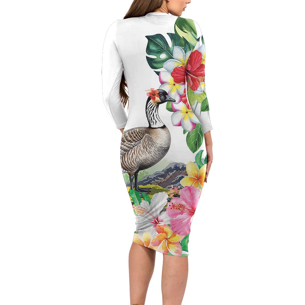 Aloha Hawaii Nene Goose Family Matching Long Sleeve Bodycon Dress and Hawaiian Shirt Tropical Flowers Watercolor Stylized LT14 - Polynesian Pride