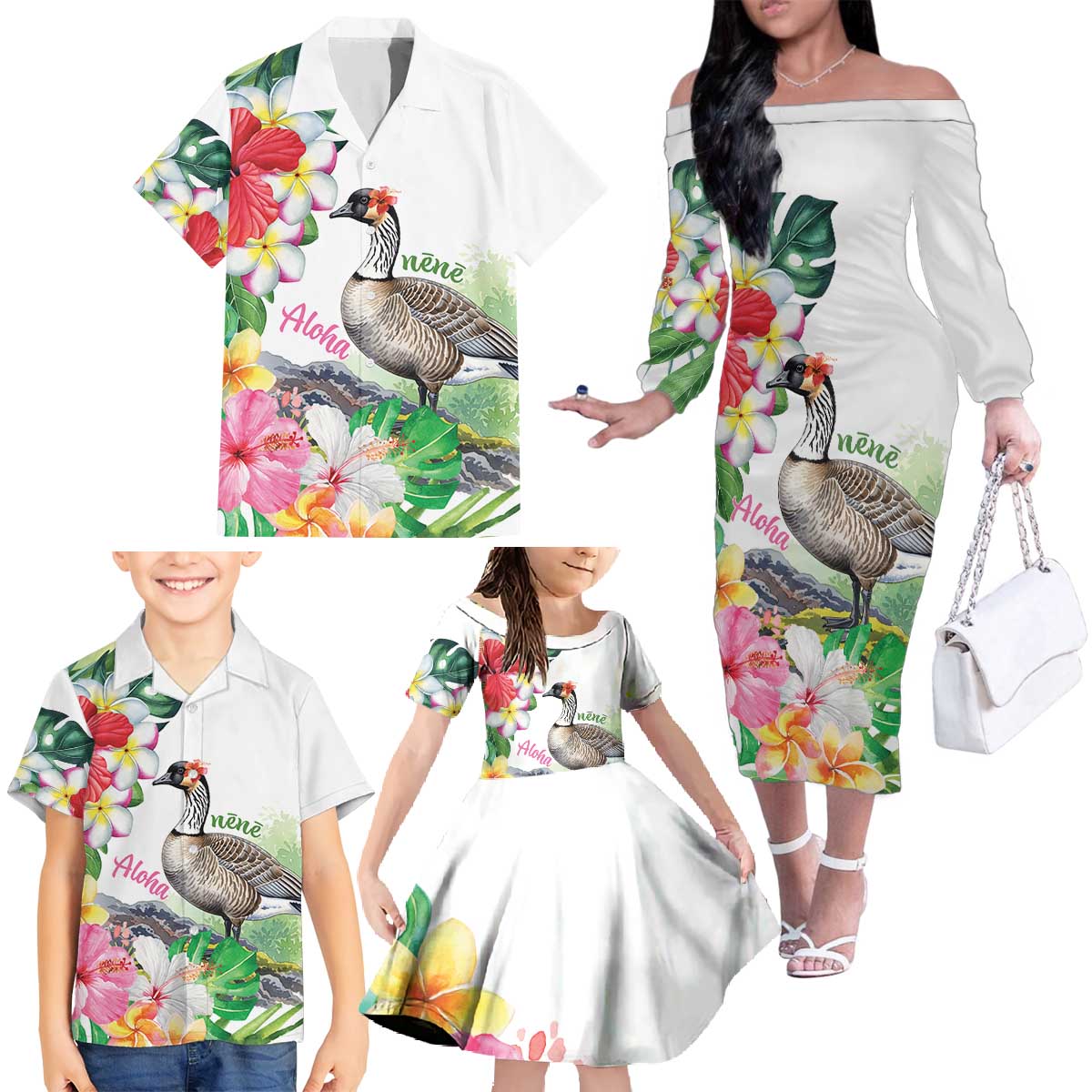 Aloha Hawaii Nene Goose Family Matching Off The Shoulder Long Sleeve Dress and Hawaiian Shirt Tropical Flowers Watercolor Stylized LT14 - Polynesian Pride