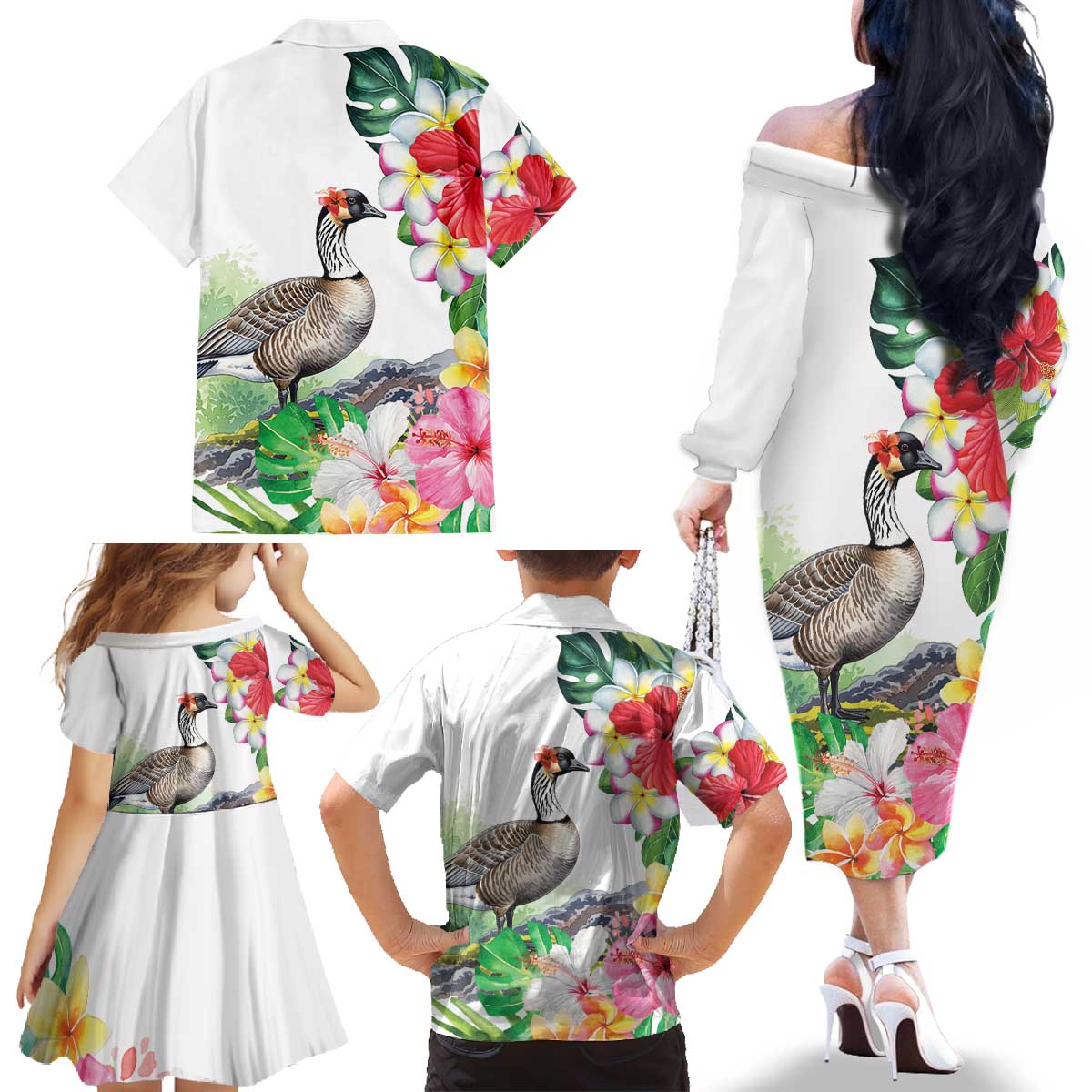 Aloha Hawaii Nene Goose Family Matching Off The Shoulder Long Sleeve Dress and Hawaiian Shirt Tropical Flowers Watercolor Stylized LT14 - Polynesian Pride