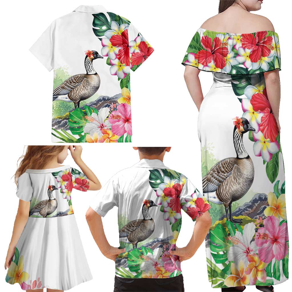 Aloha Hawaii Nene Goose Family Matching Off Shoulder Maxi Dress and Hawaiian Shirt Tropical Flowers Watercolor Stylized LT14 - Polynesian Pride