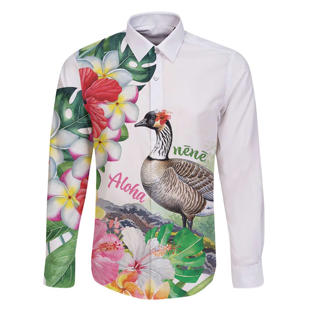 Aloha Hawaii Nene Goose Family Matching Off Shoulder Maxi Dress and Hawaiian Shirt Tropical Flowers Watercolor Stylized LT14 Dad's Shirt - Long Sleeve White - Polynesian Pride