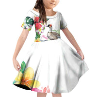 Aloha Hawaii Nene Goose Family Matching Off Shoulder Short Dress and Hawaiian Shirt Tropical Flowers Watercolor Stylized LT14 Daughter's Dress White - Polynesian Pride