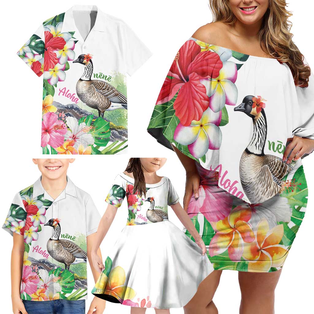 Aloha Hawaii Nene Goose Family Matching Off Shoulder Short Dress and Hawaiian Shirt Tropical Flowers Watercolor Stylized LT14 - Polynesian Pride