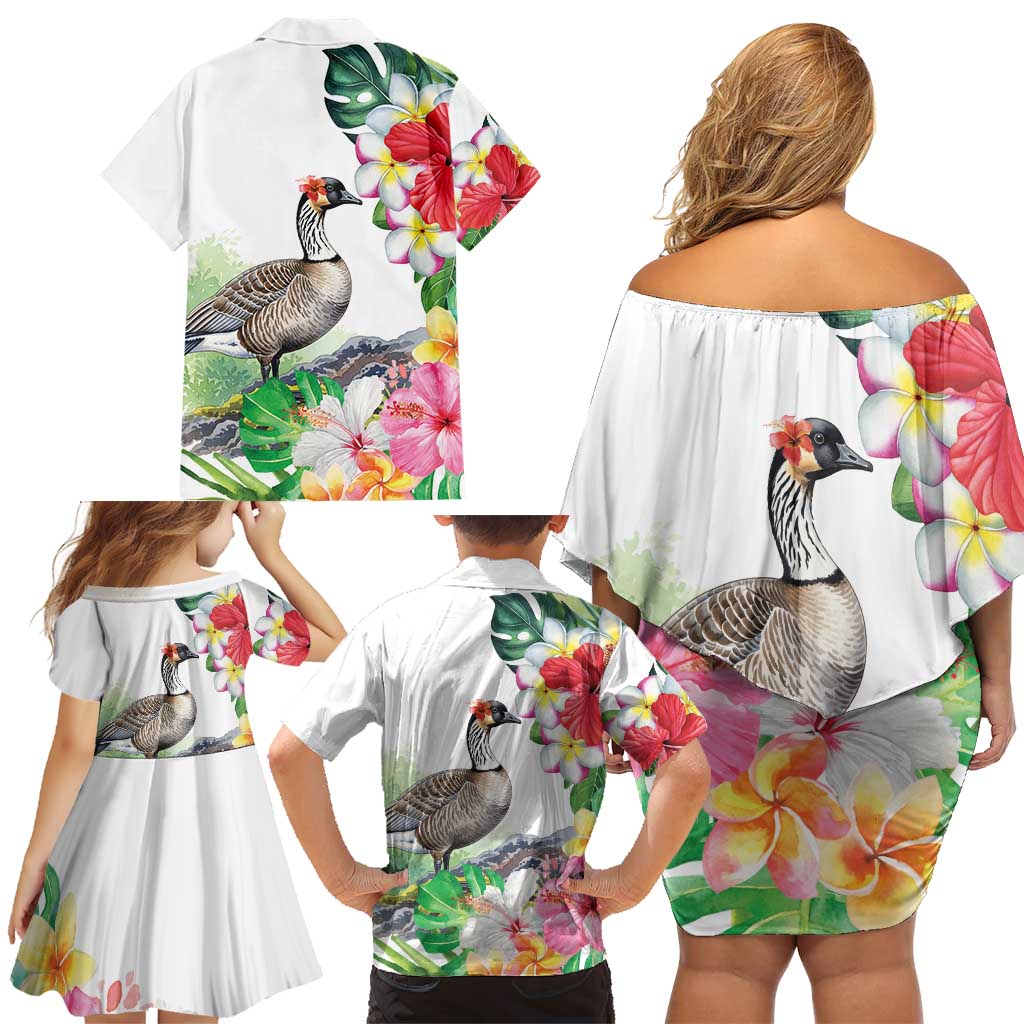 Aloha Hawaii Nene Goose Family Matching Off Shoulder Short Dress and Hawaiian Shirt Tropical Flowers Watercolor Stylized LT14 - Polynesian Pride