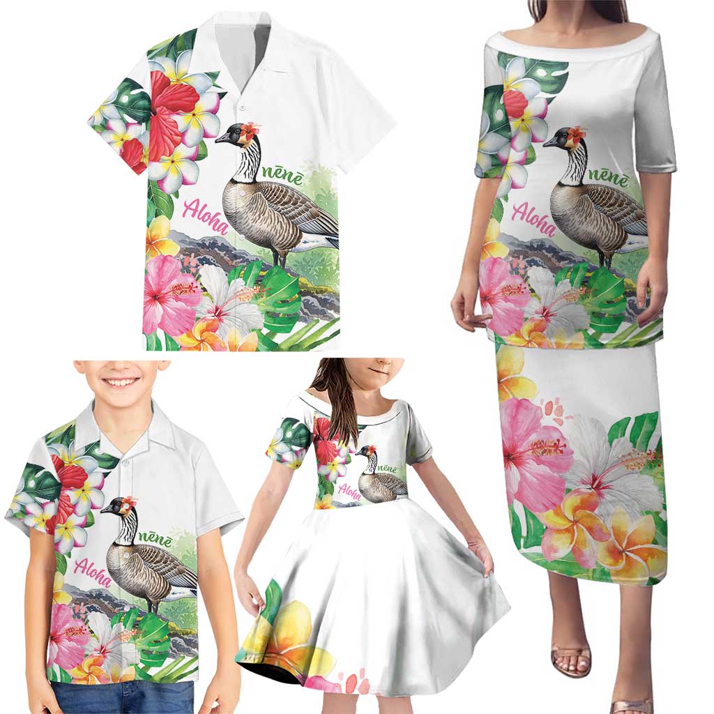 Aloha Hawaii Nene Goose Family Matching Puletasi and Hawaiian Shirt Tropical Flowers Watercolor Stylized LT14 - Polynesian Pride