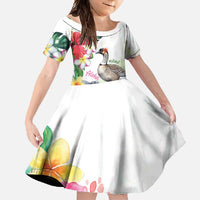 Aloha Hawaii Nene Goose Family Matching Short Sleeve Bodycon Dress and Hawaiian Shirt Tropical Flowers Watercolor Stylized LT14 Daughter's Dress White - Polynesian Pride