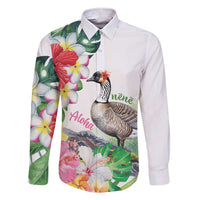 Aloha Hawaii Nene Goose Family Matching Short Sleeve Bodycon Dress and Hawaiian Shirt Tropical Flowers Watercolor Stylized LT14 Dad's Shirt - Long Sleeve White - Polynesian Pride