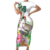 Aloha Hawaii Nene Goose Family Matching Short Sleeve Bodycon Dress and Hawaiian Shirt Tropical Flowers Watercolor Stylized LT14 Mom's Dress White - Polynesian Pride
