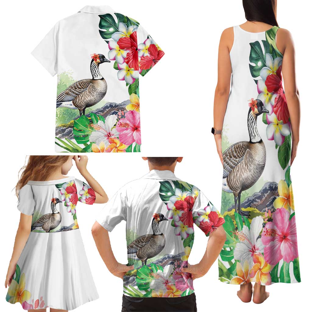 Aloha Hawaii Nene Goose Family Matching Tank Maxi Dress and Hawaiian Shirt Tropical Flowers Watercolor Stylized LT14 - Polynesian Pride