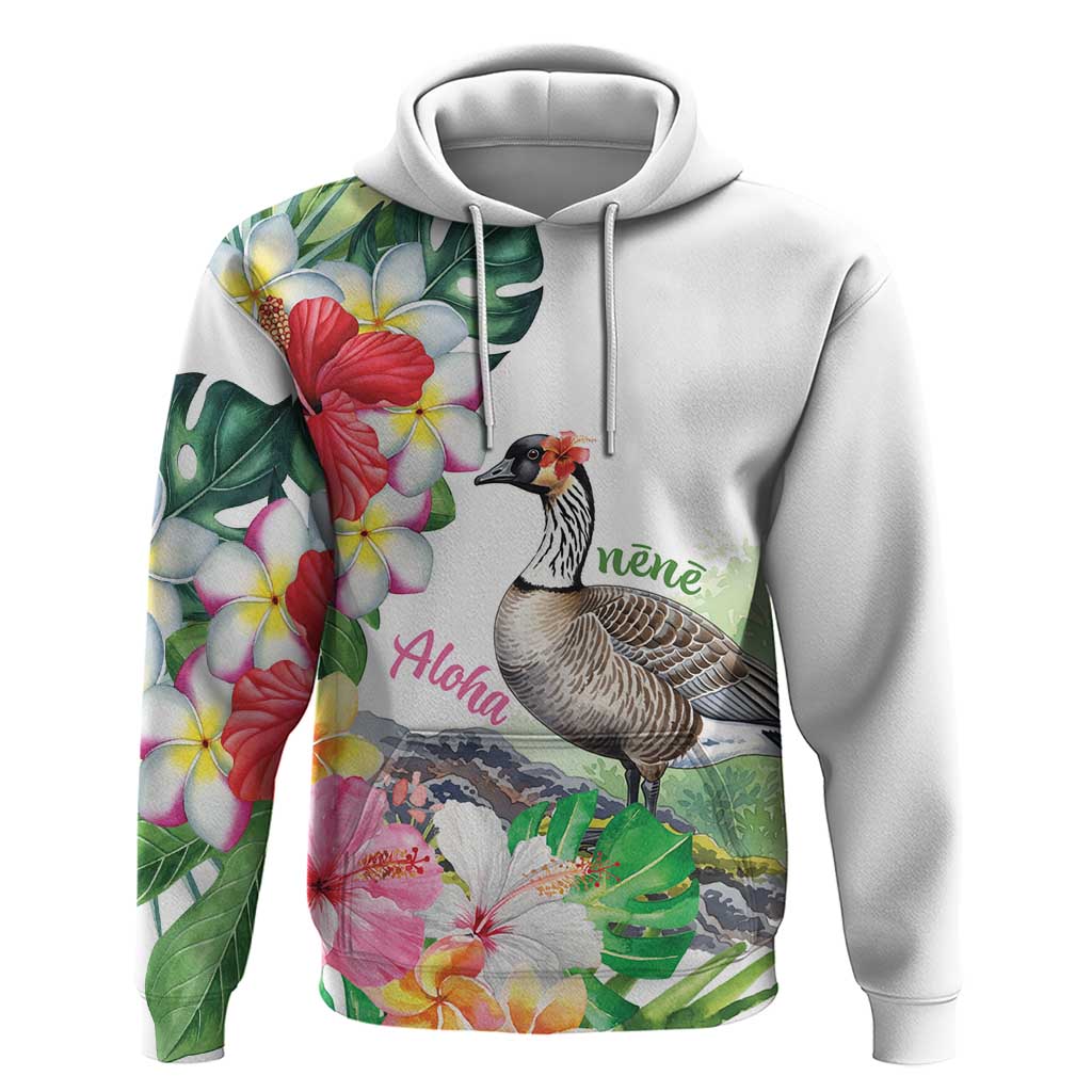 Aloha Hawaii Nene Goose Hoodie Tropical Flowers Watercolor Stylized LT14 Pullover Hoodie White - Polynesian Pride