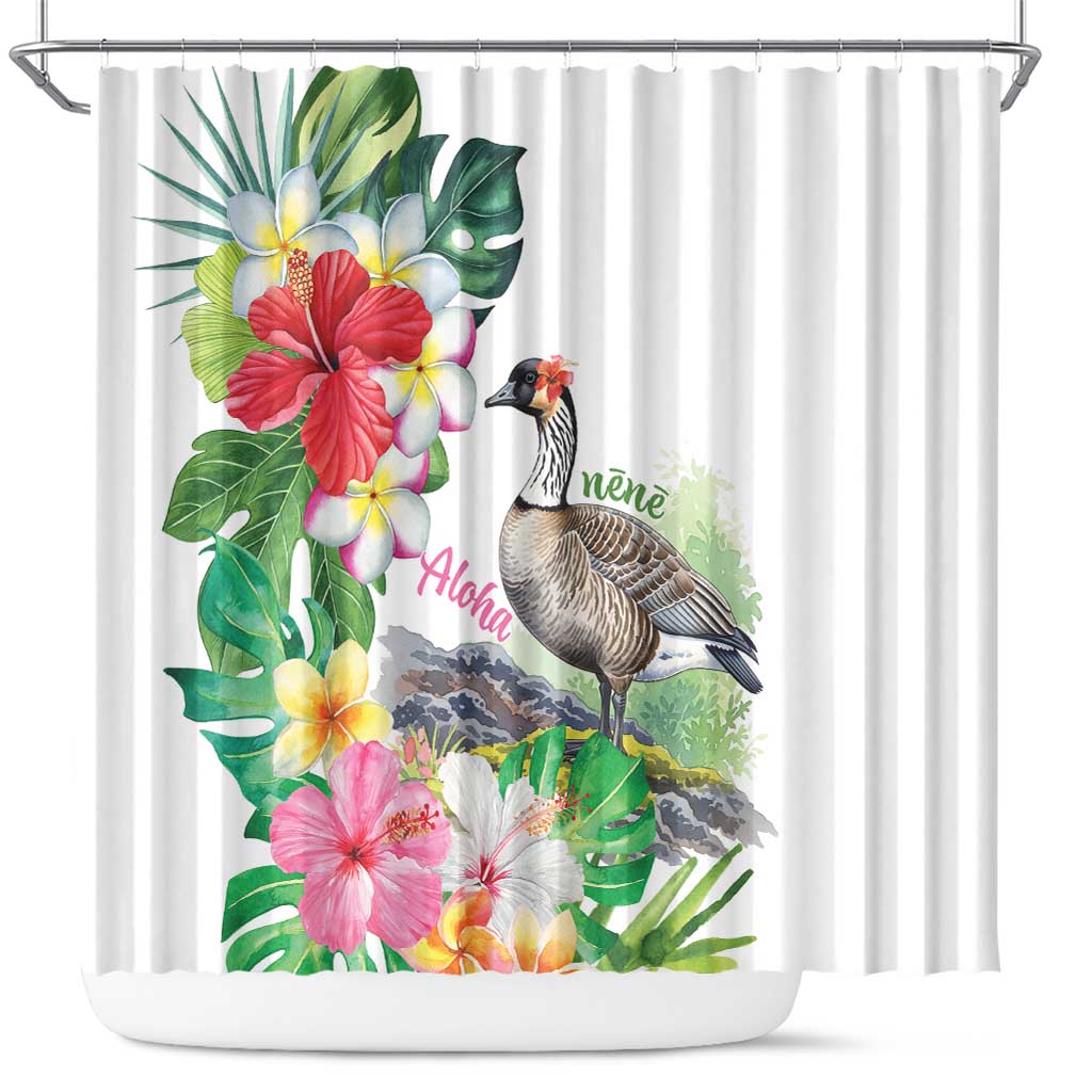 Aloha Hawaii Nene Goose Shower Curtain Tropical Flowers Watercolor Stylized LT14 White - Polynesian Pride