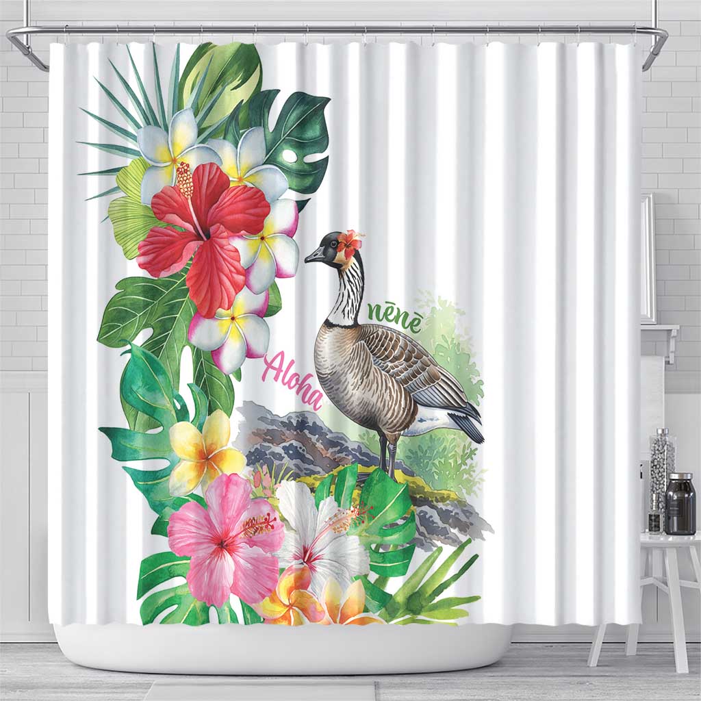 Aloha Hawaii Nene Goose Shower Curtain Tropical Flowers Watercolor Stylized LT14 - Polynesian Pride