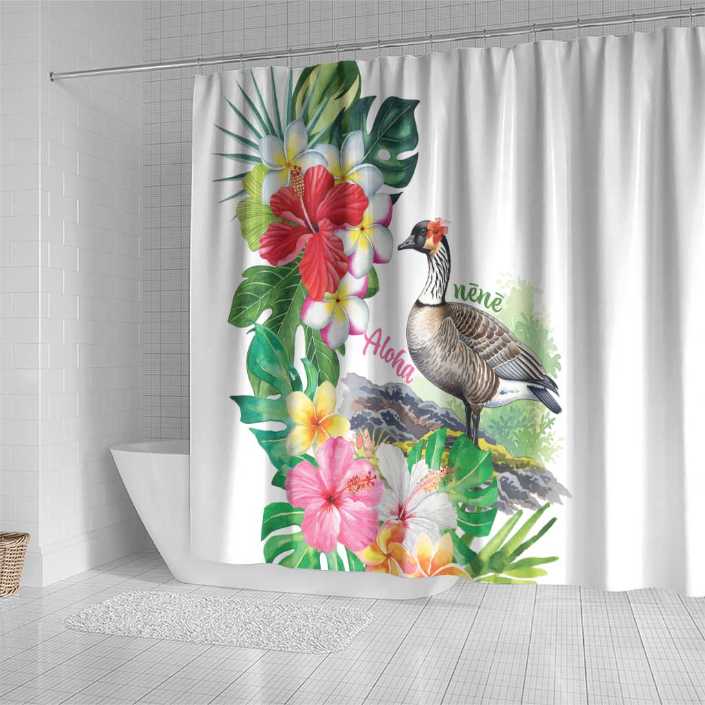 Aloha Hawaii Nene Goose Shower Curtain Tropical Flowers Watercolor Stylized LT14 - Polynesian Pride
