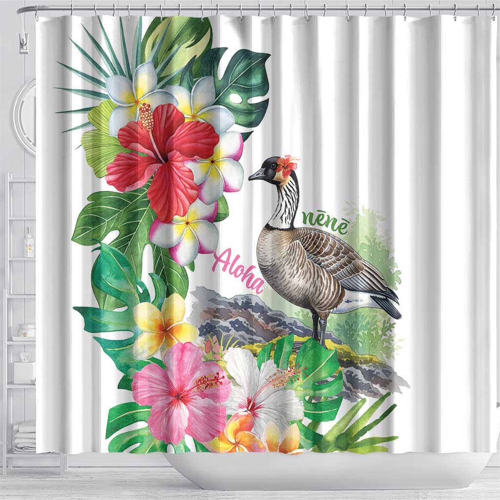 Aloha Hawaii Nene Goose Shower Curtain Tropical Flowers Watercolor Stylized LT14 - Polynesian Pride