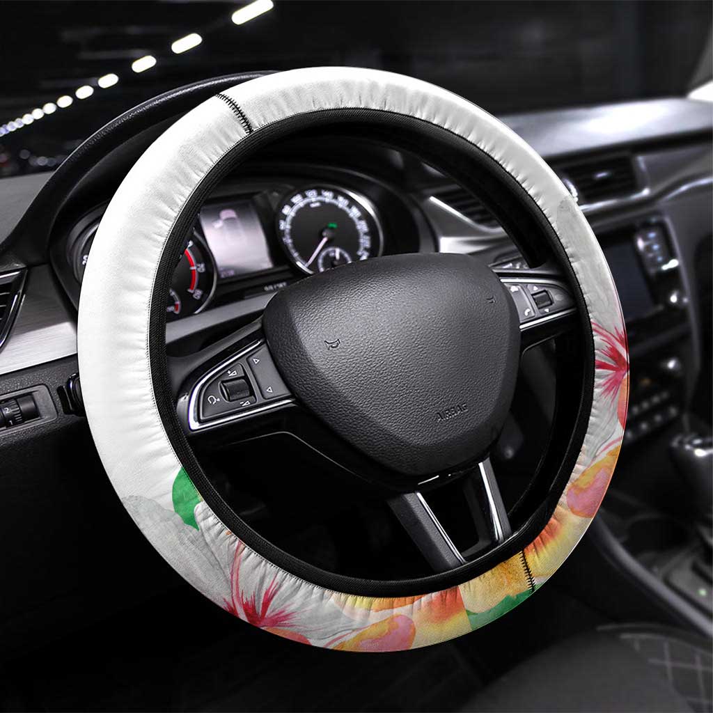 Aloha Hawaii Nene Goose Steering Wheel Cover Tropical Flowers Watercolor Stylized - Polynesian Pride