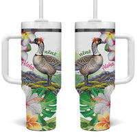 Aloha Hawaii Nene Goose Tumbler With Handle Tropical Flowers Watercolor Stylized LT14 One Size: 40 oz White - Polynesian Pride
