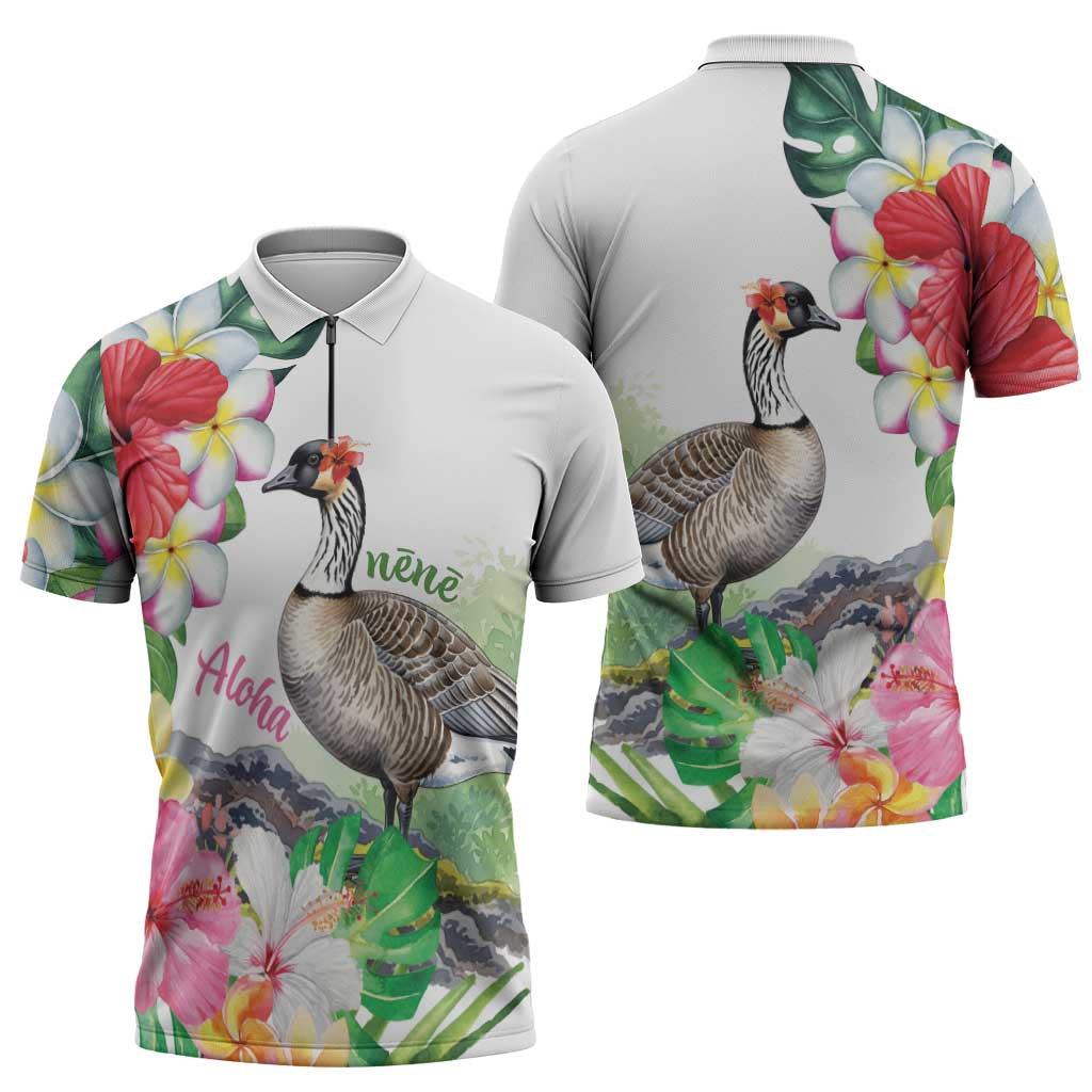 Aloha Hawaii Nene Goose Zipper Polo Shirt Tropical Flowers Watercolor Stylized - Polynesian Pride