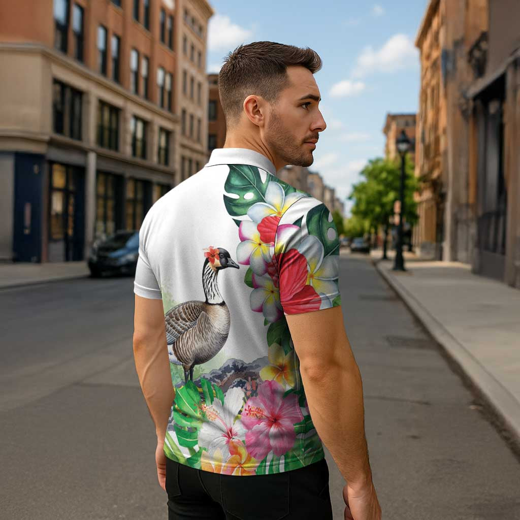 Aloha Hawaii Nene Goose Zipper Polo Shirt Tropical Flowers Watercolor Stylized - Polynesian Pride