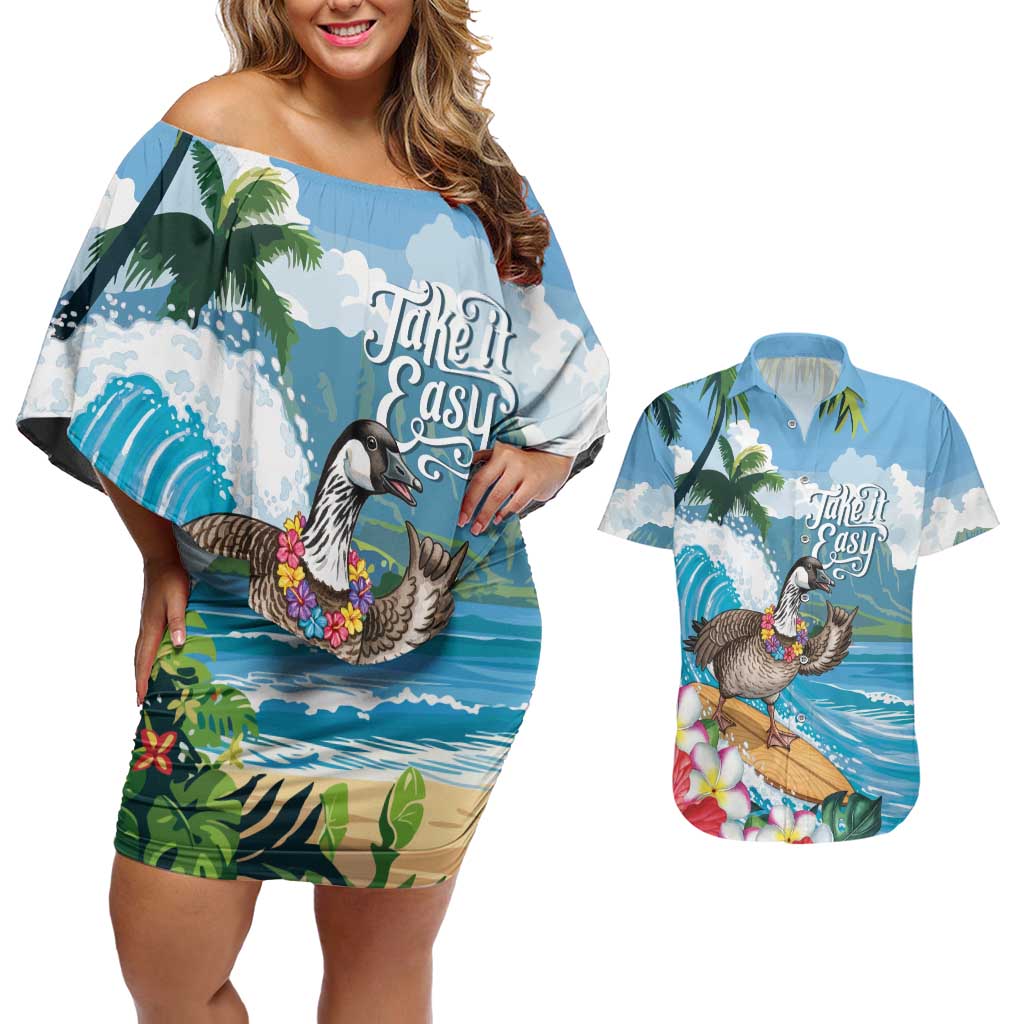 Aloha Hawaii Shaka Nene Goose Couples Matching Off Shoulder Short Dress and Hawaiian Shirt Surfing Take It Easy LT14 Blue - Polynesian Pride