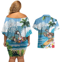 Aloha Hawaii Shaka Nene Goose Couples Matching Off Shoulder Short Dress and Hawaiian Shirt Surfing Take It Easy LT14 - Polynesian Pride